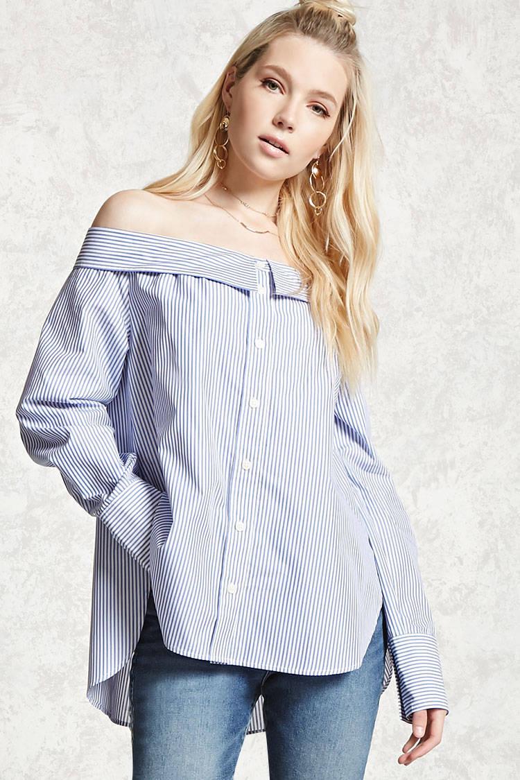 Cotton Striped Off-the-shoulder Blouse 