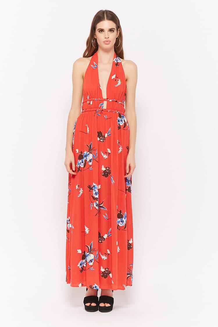 red floral halter dress
