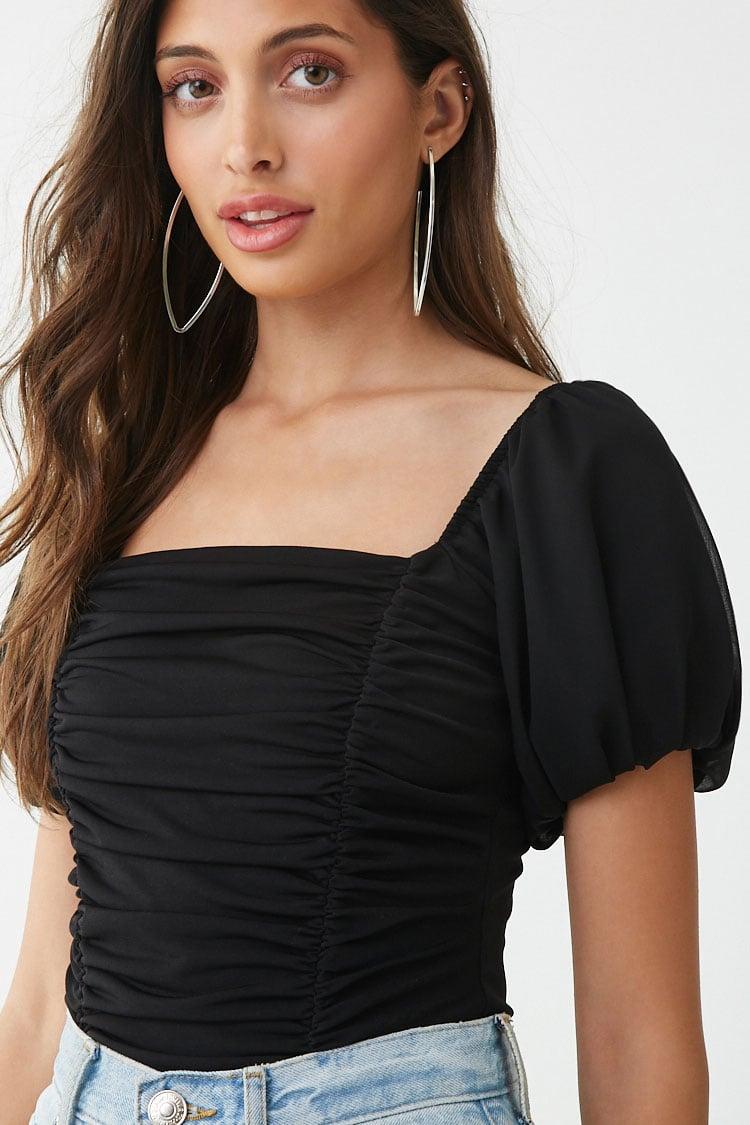 Ruched Puff-sleeve Bodysuit , Black 