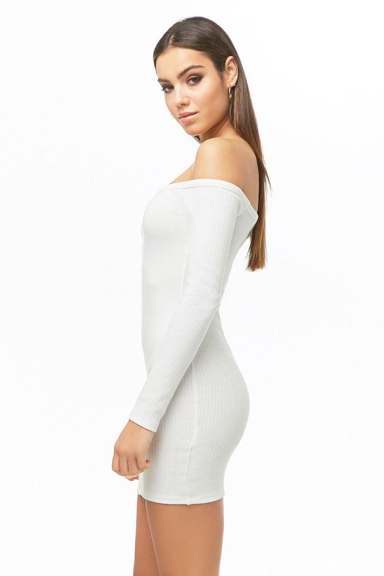 white ribbed off the shoulder dress