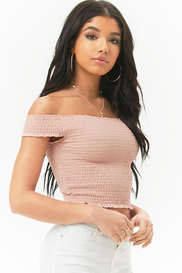 pink smocked off the shoulder top