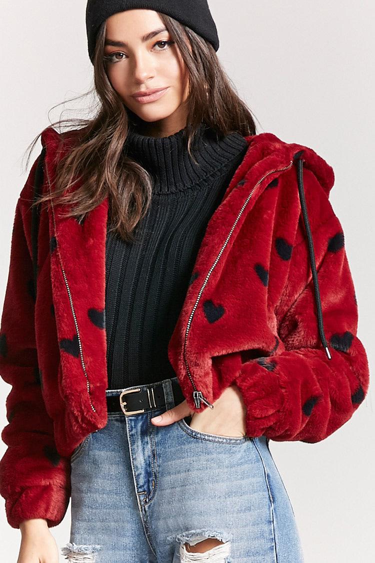 Forever 21 Faux Fur Heart Zip-up Hoodie 