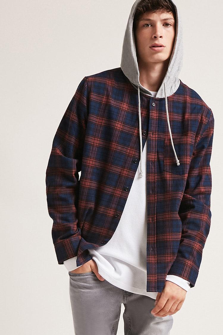Forever 21 Plaid Flannel Hoodie  in Blue Red Blue for Men 