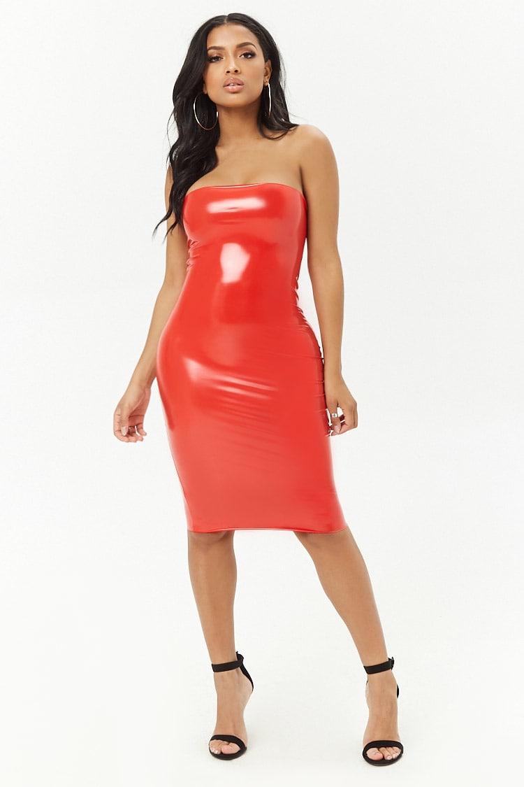 red vinyl tube dress