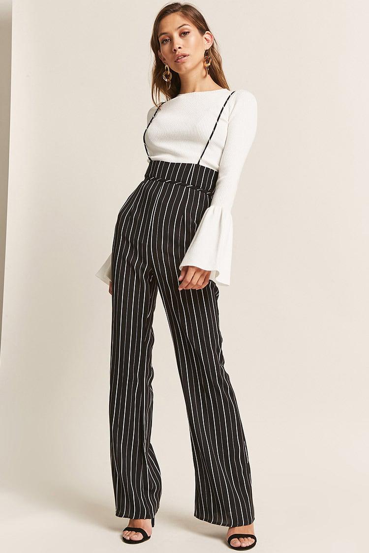 Forever 21 Synthetic Striped Suspender Pants in Black,White (Black 