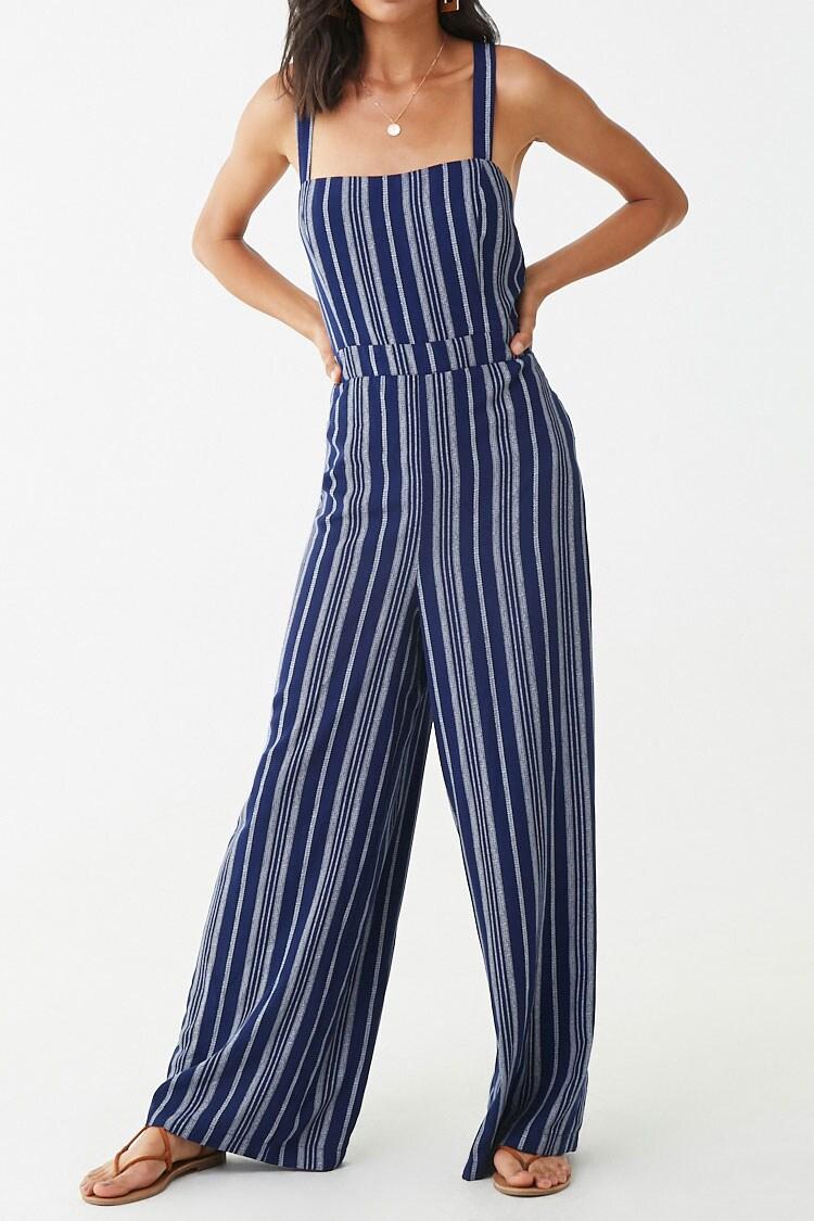 navy and white striped jumpsuit