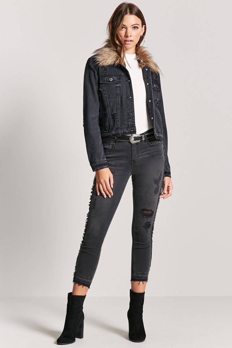 Denim Jacket With Fur Collar