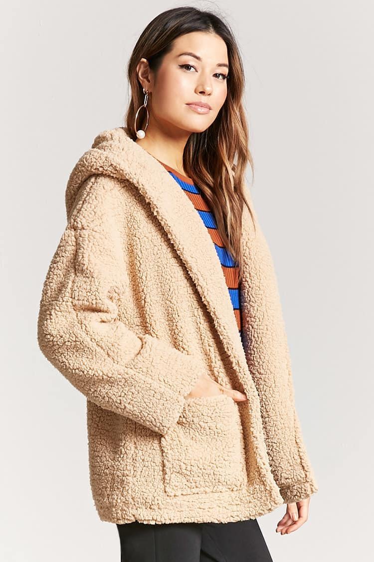Forever 21 Synthetic Hooded Faux Shearling Jacket - Lyst