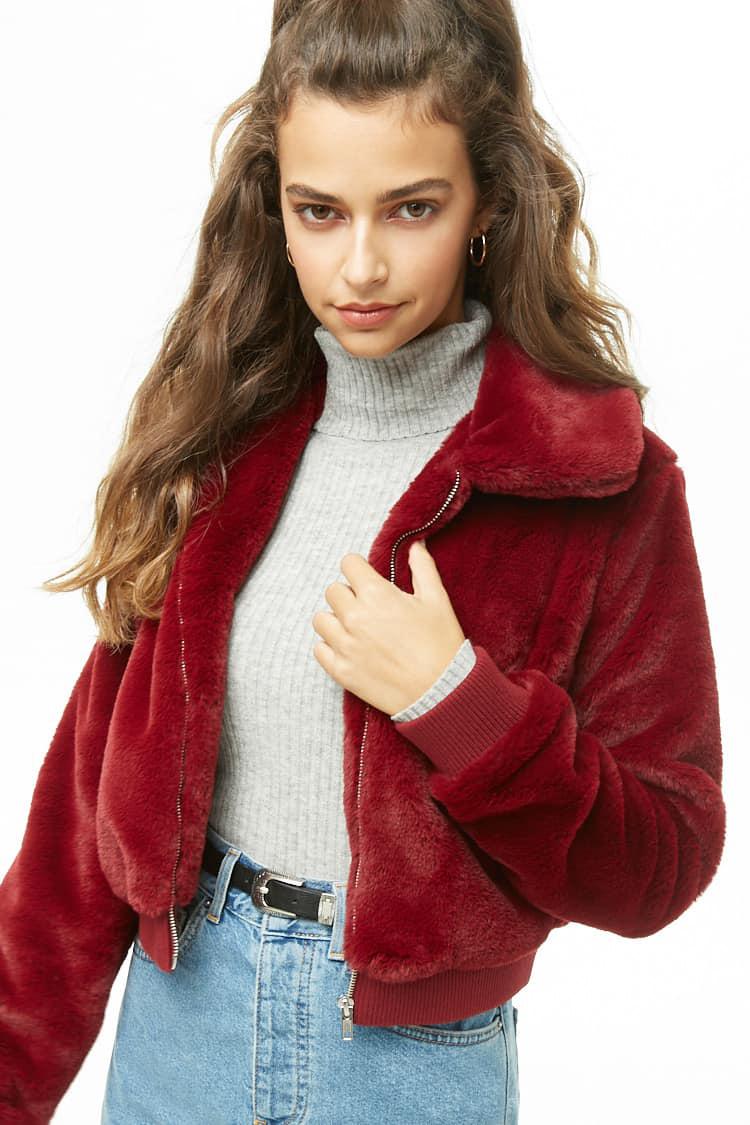 red cropped fur jacket