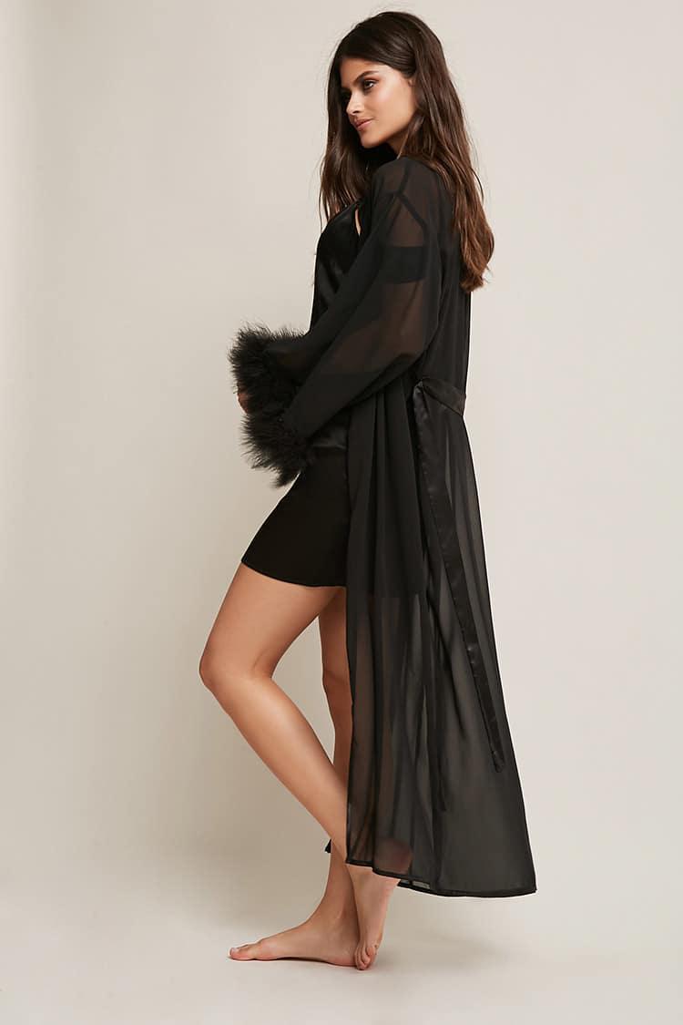 Forever 21 Satin Faux Feather Trim Robe ...