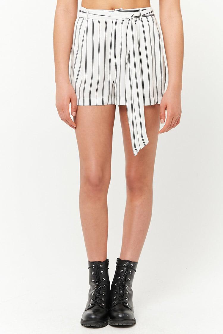 striped self tie waist shorts