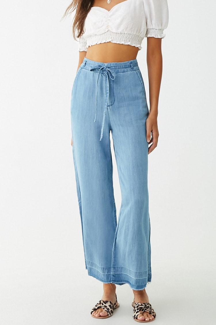 Forever 21 Chambray Belted Wide Leg Pants , Medium Denim in Blue | Lyst