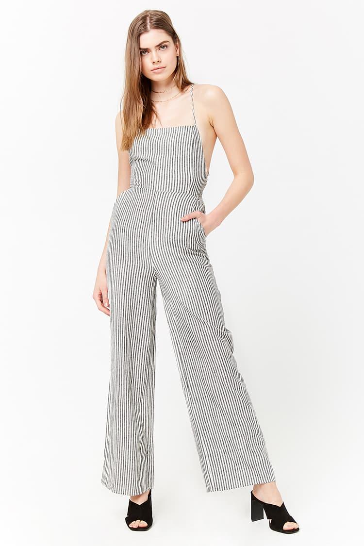 striped linen overalls