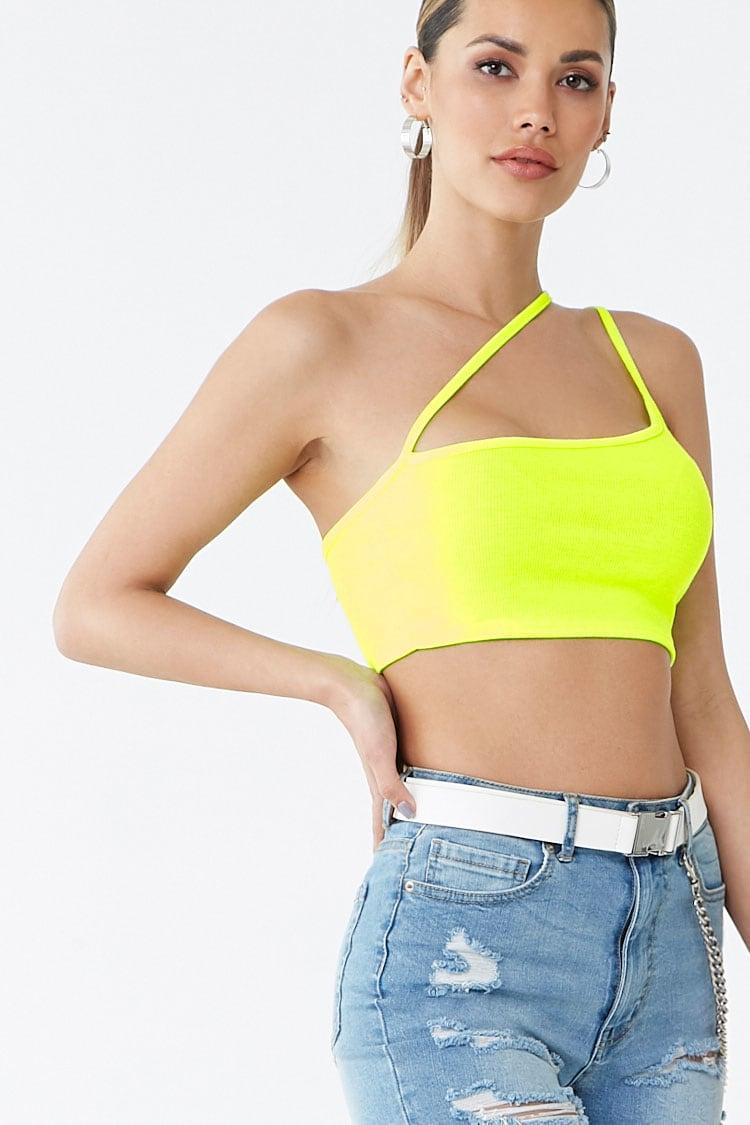 neon yellow one shoulder crop top