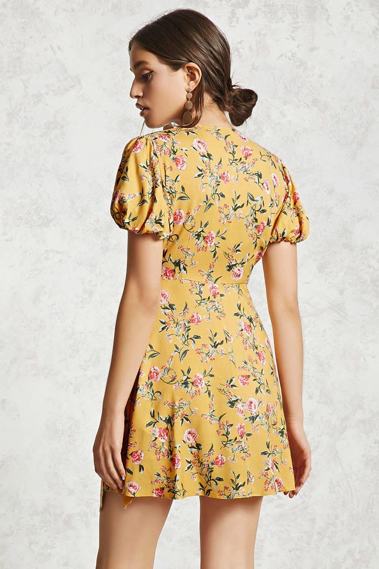 mustard floral wrap dress