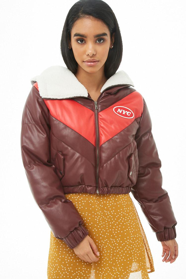 Forever 21 Women S Hooded Nyc Faux Leather Puffer Jacket In Red Lyst Forever 21 Red Women S Hooded Nyc Faux Leather Puffer Jacket