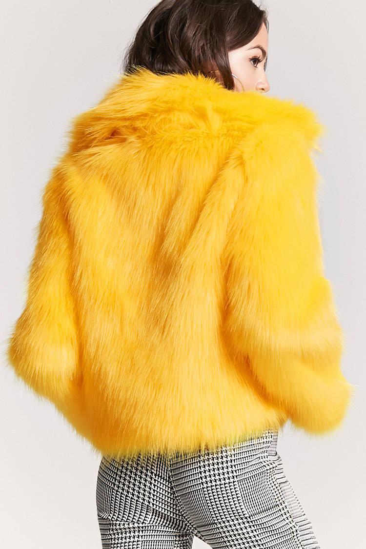 Forever 21 Oversized Faux Fur Jacket in Yellow | Lyst