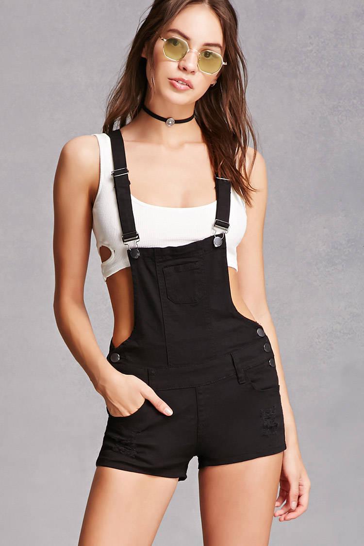 Distressed Denim Overall Shorts 