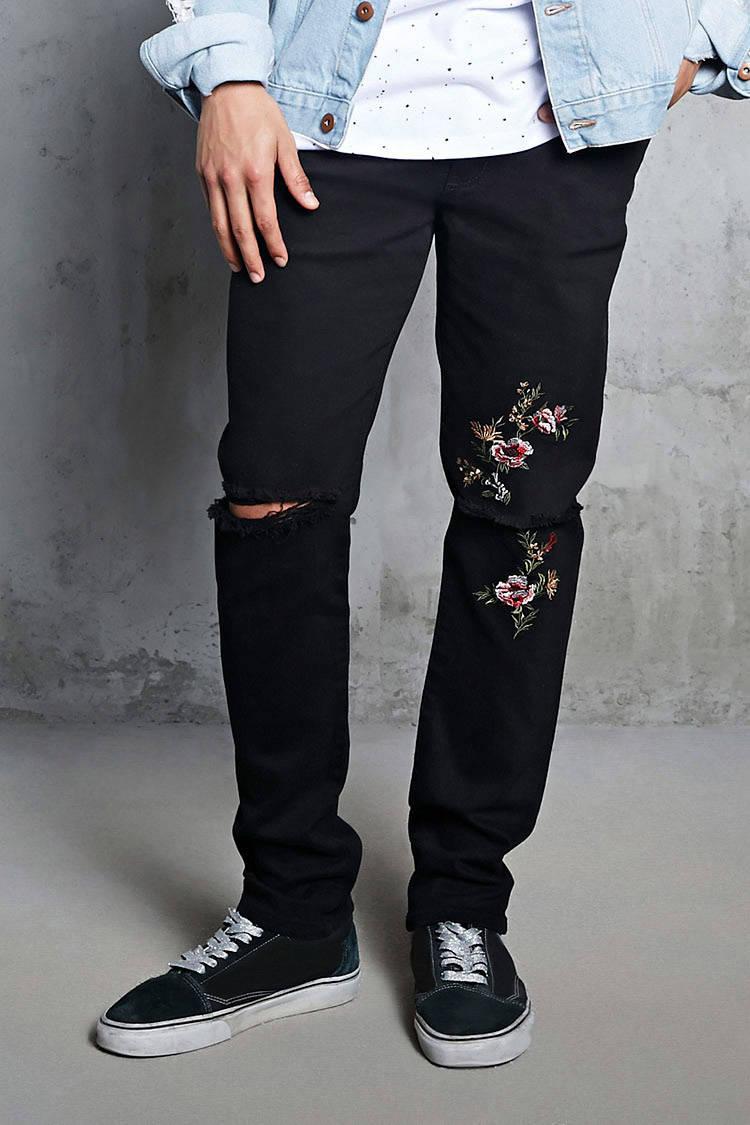 Forever 21 Denim Floral Embroidered Jeans in Black for Men - Lyst