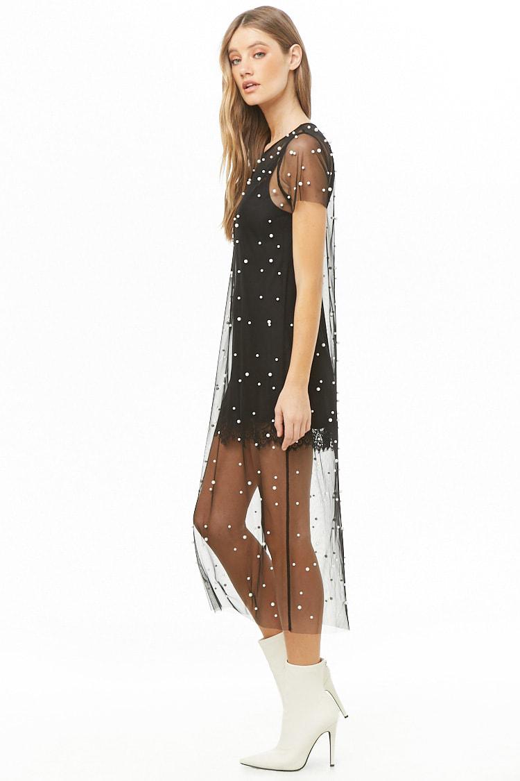 black sheer dress with pearls