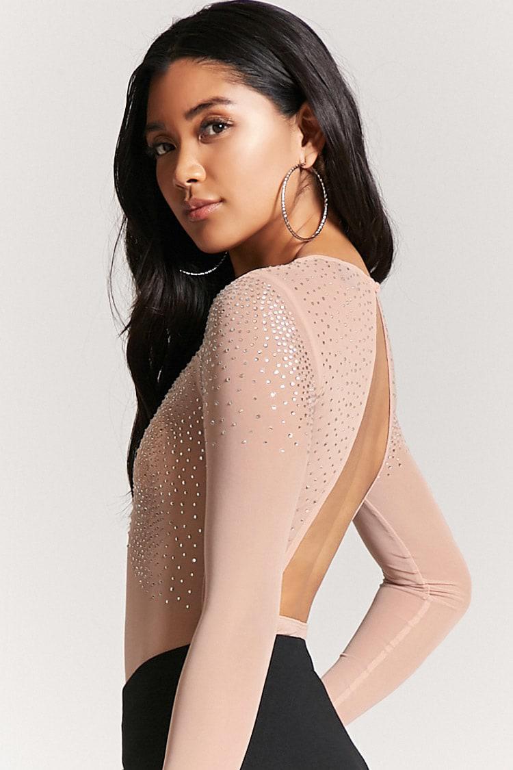 Forever 21 Synthetic Sheer Rhinestone Bodysuit in Nude (Natural) - Lyst