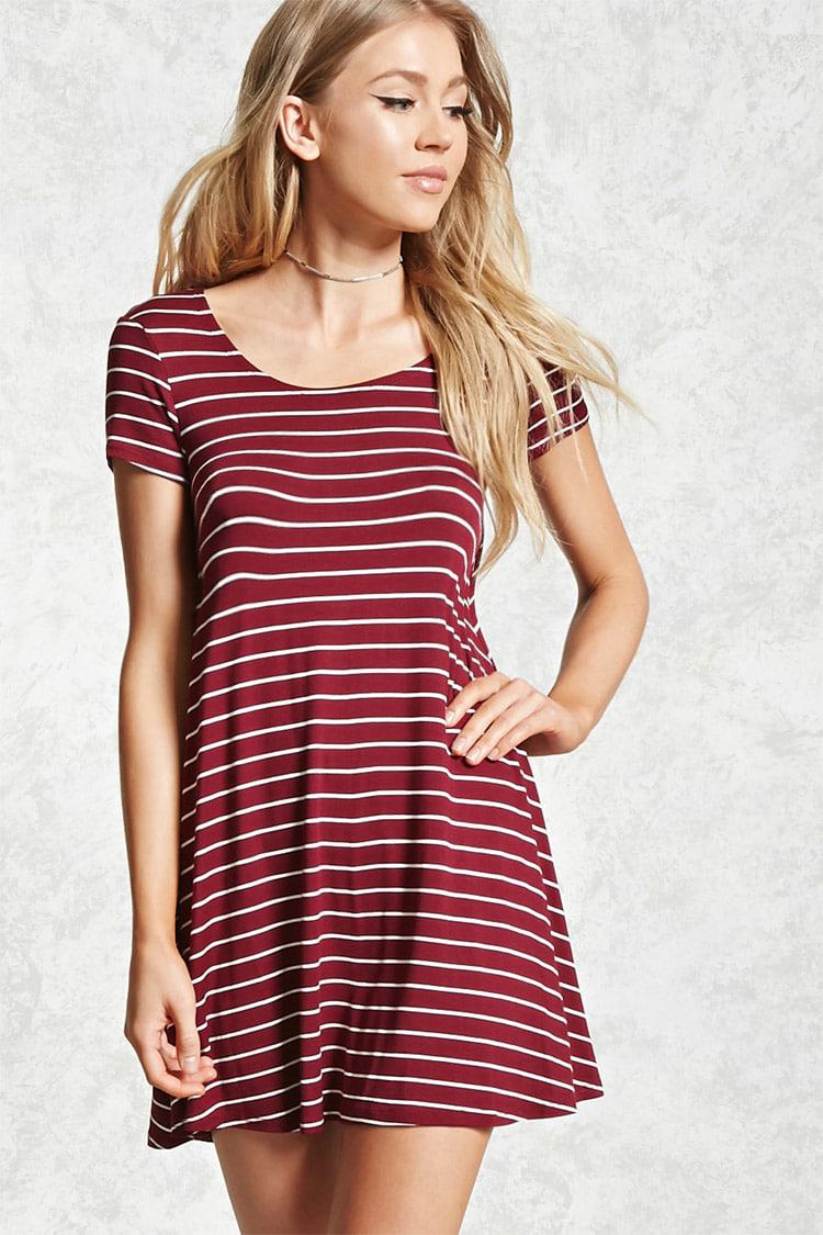 maroon and white striped dress