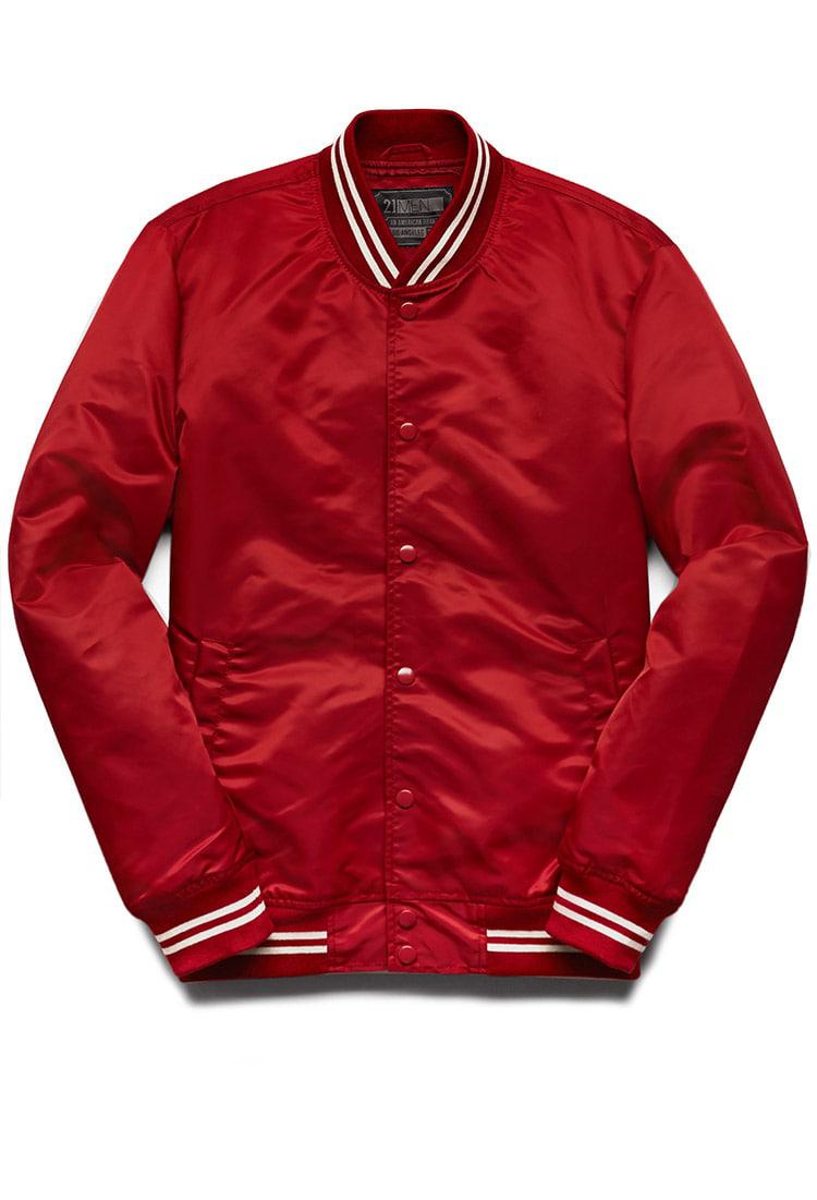 red and white bomber jacket