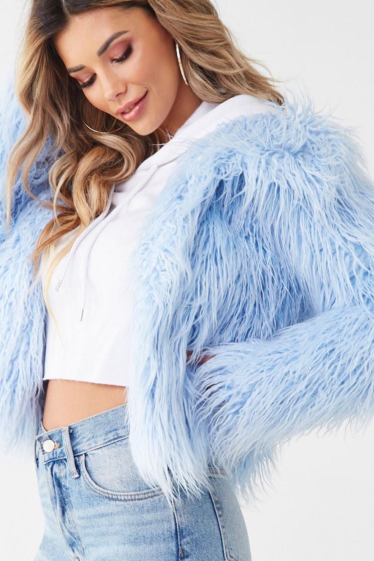 light blue fur jacket