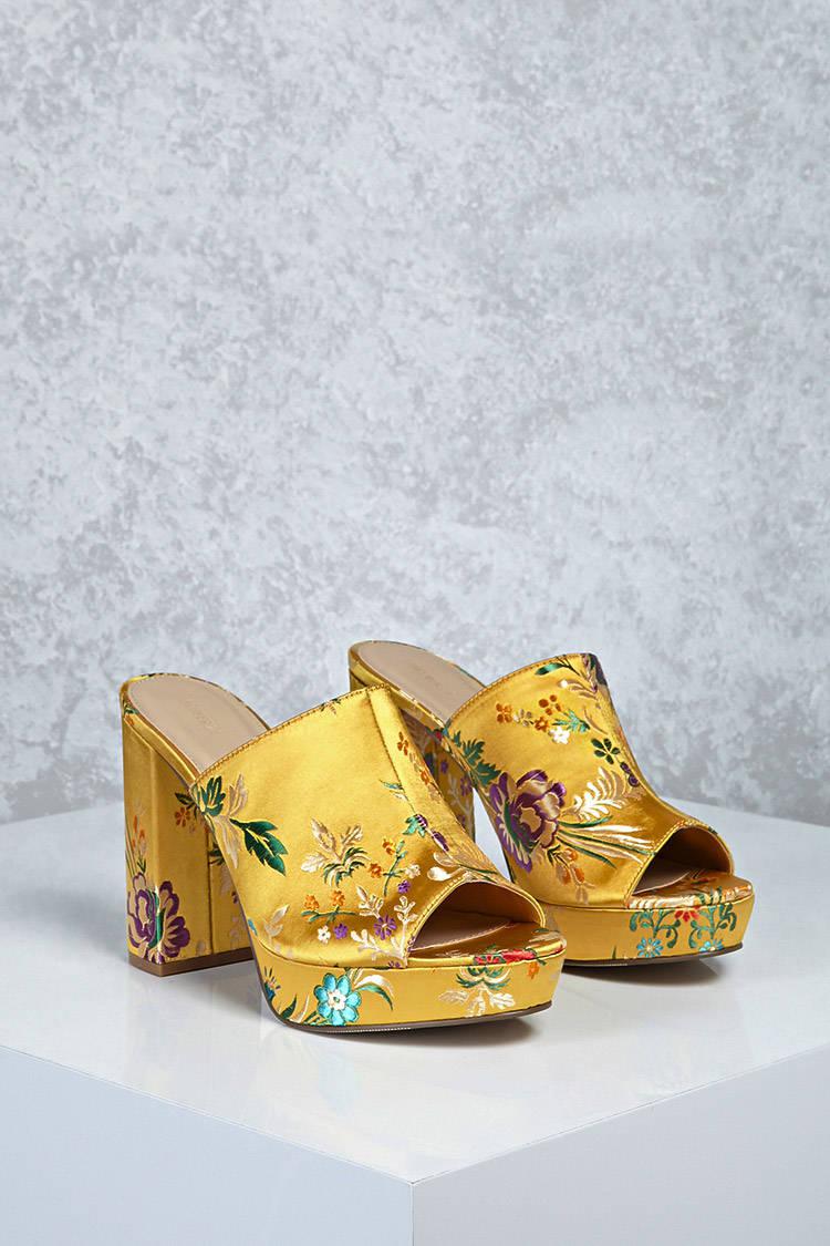 Forever 21 Floral Embroidered Satin Mules in Yellow | Lyst