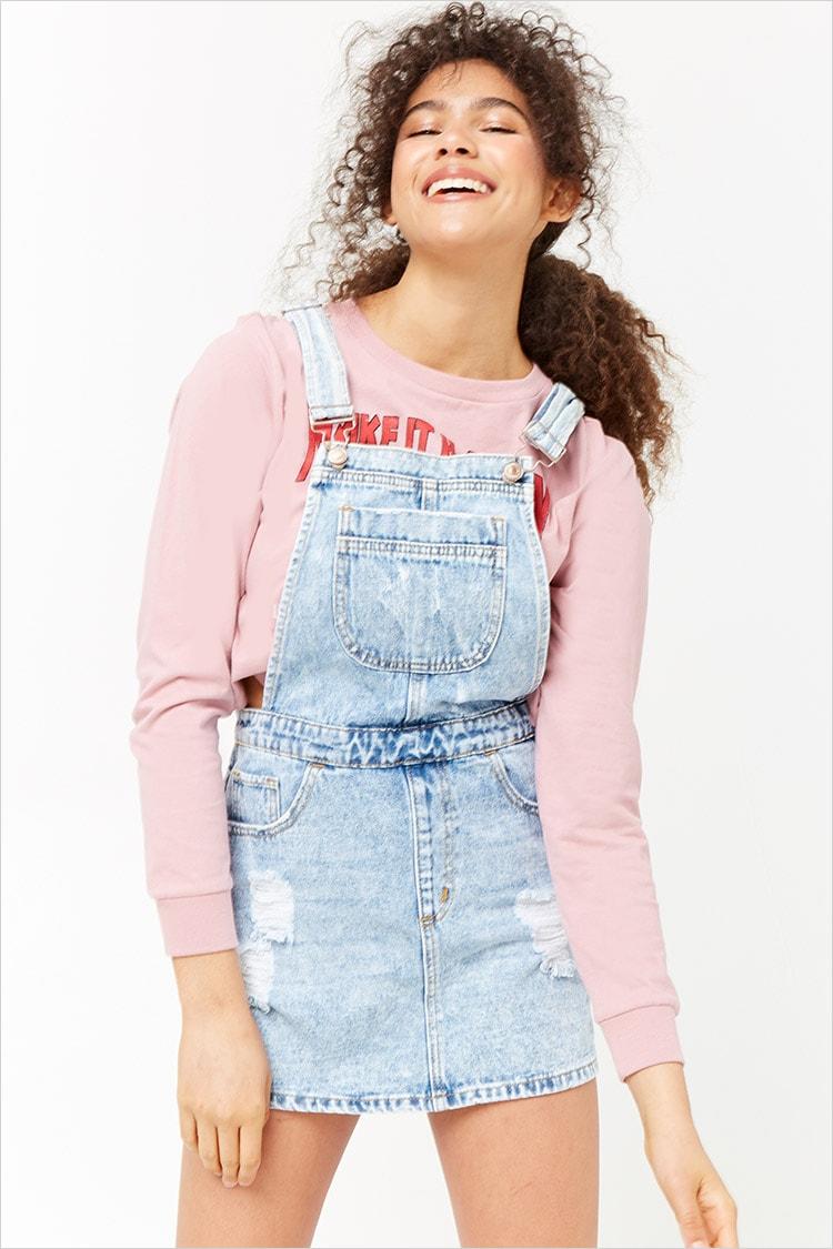 distressed denim overall dress