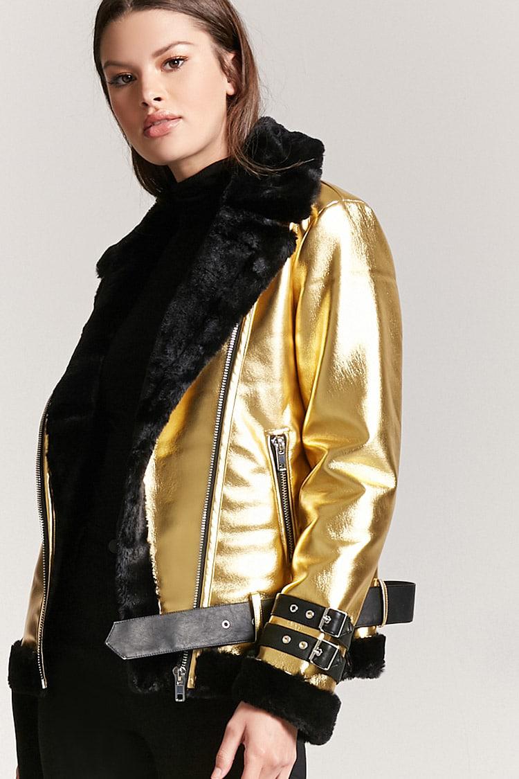Forever 21 Faux Fur-lined Metallic Moto Jacket - Lyst
