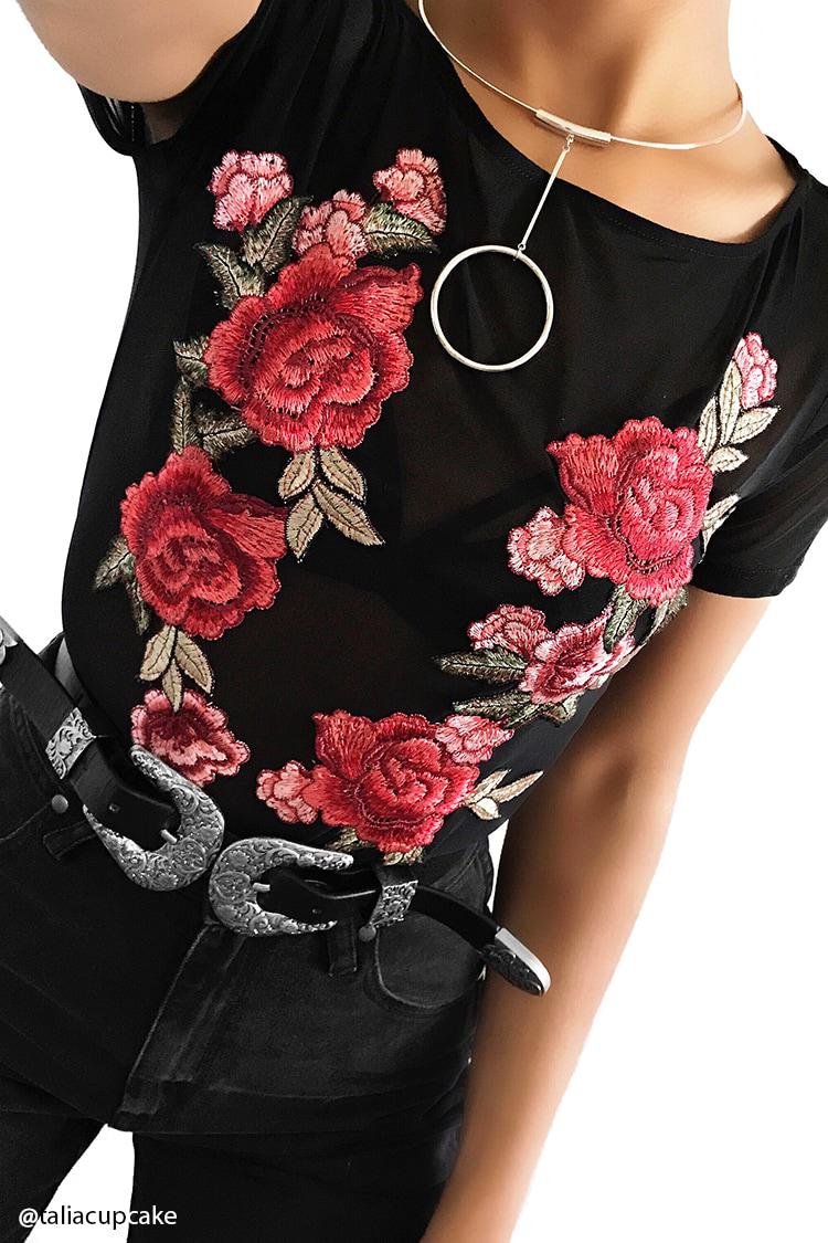 Forever 21 Synthetic Rose Embroidered Mesh Bodysuit in Black/Red (Black) -  Lyst