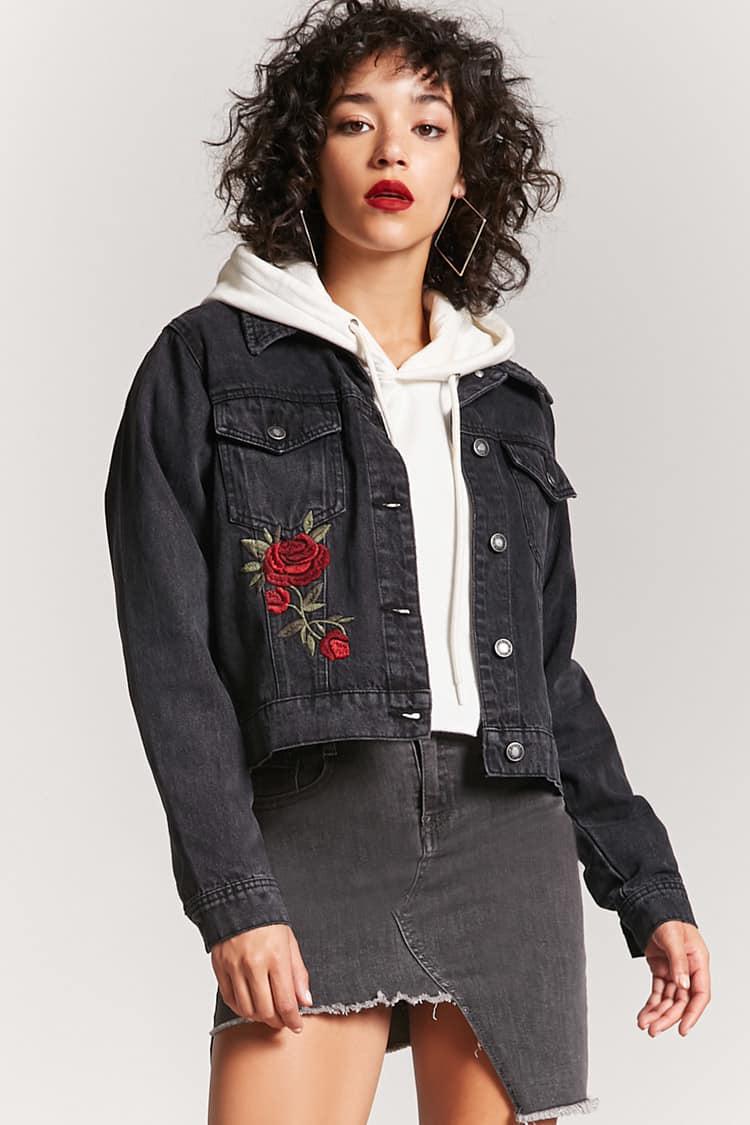 black rose denim jacket