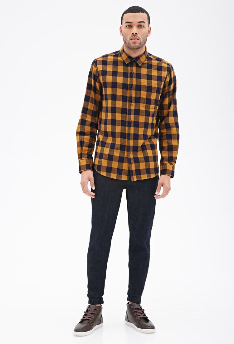 mens navy and mustard plaid shirt