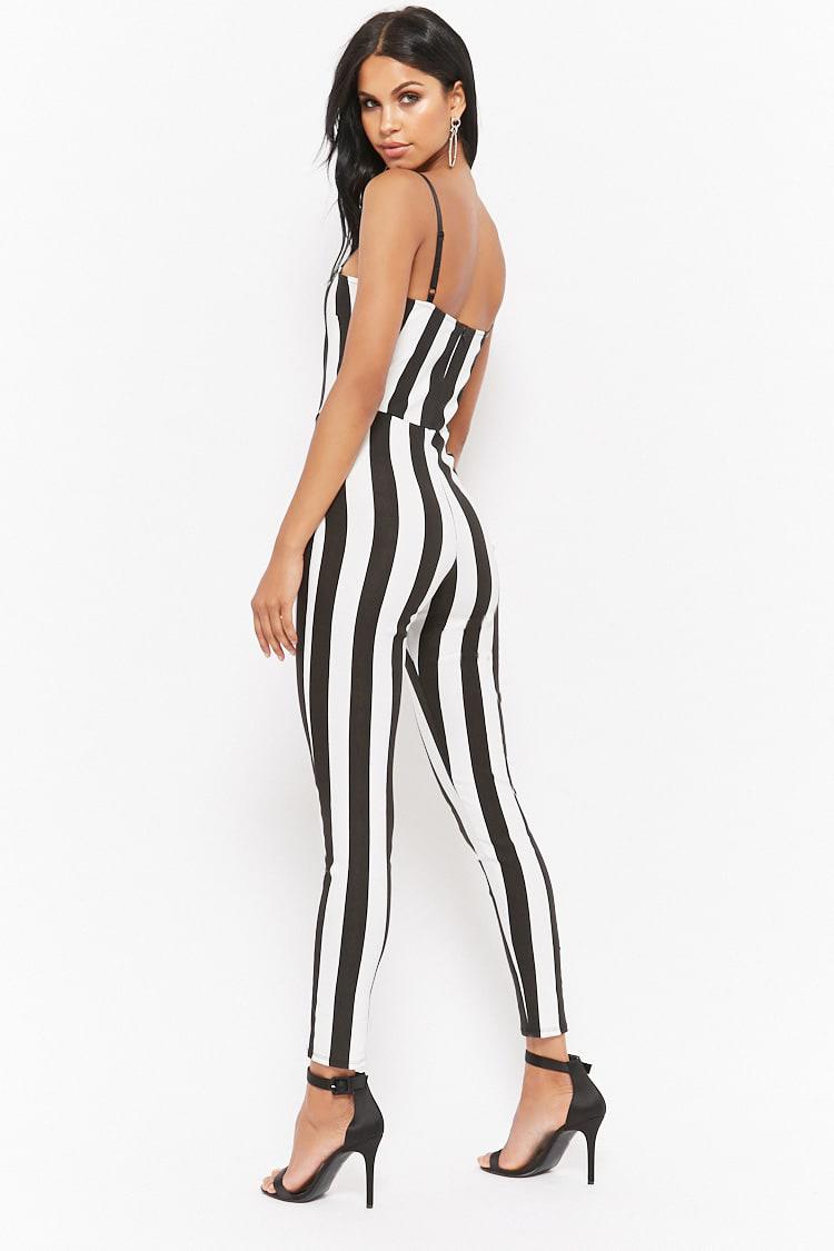 black and white vertical striped jumpsuit