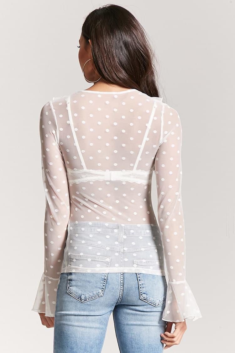 white polka dot mesh top