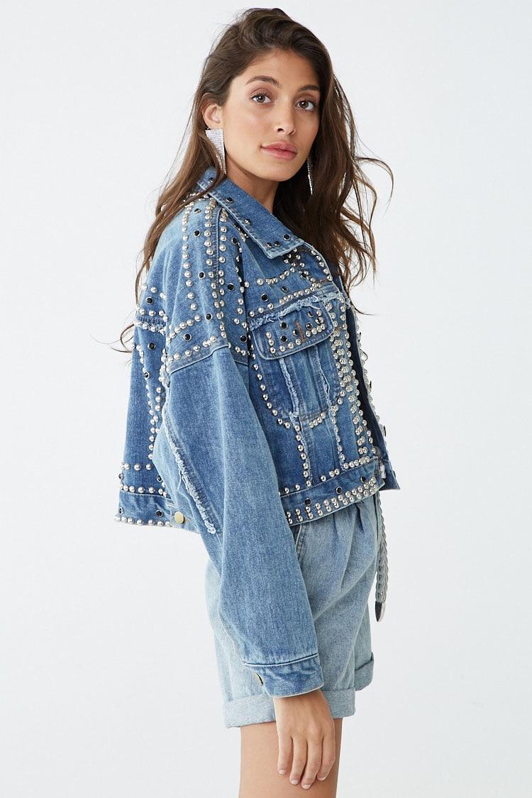 Studded \u0026 Faux Gem Denim Jacket , Denim 
