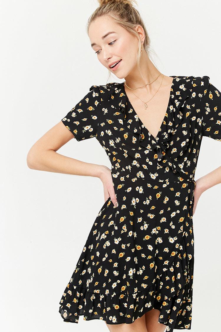 yellow and black wrap dress