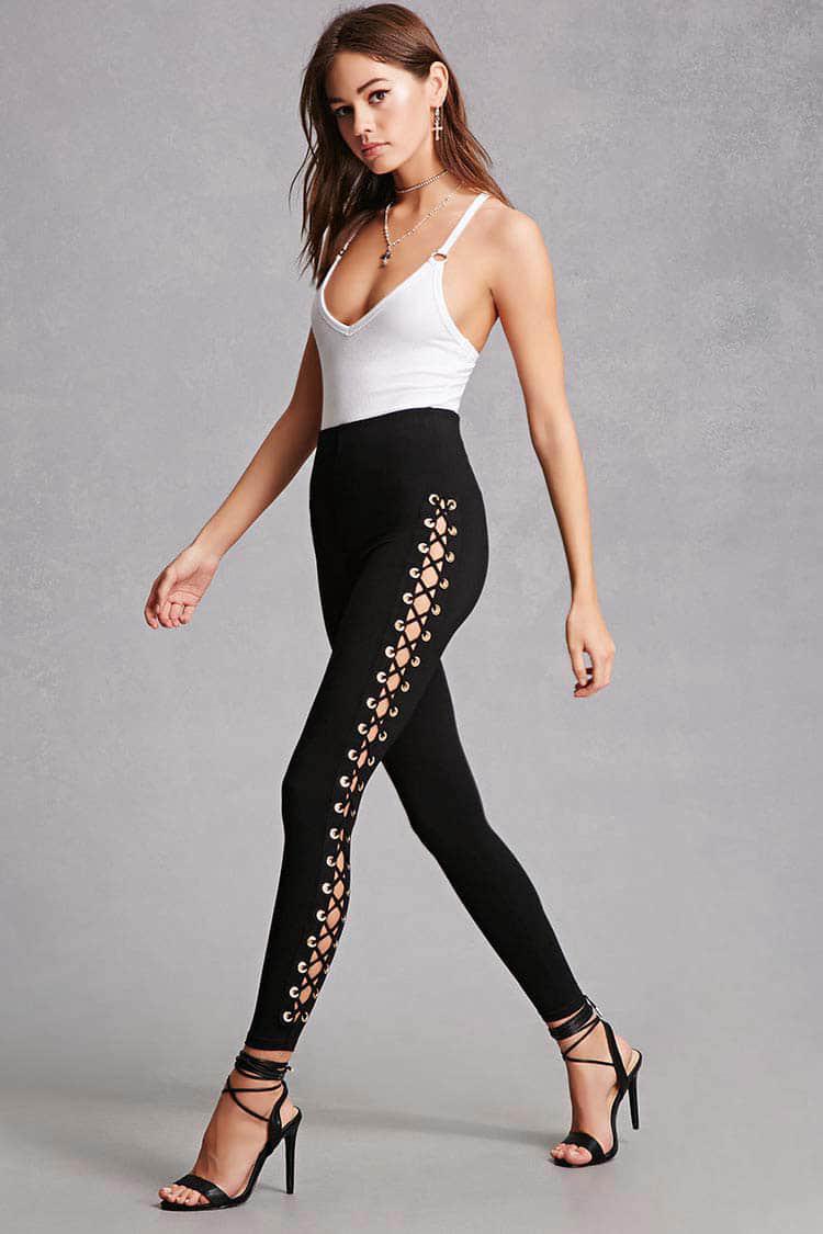 Cotton Lace-up Grommet Leggings 