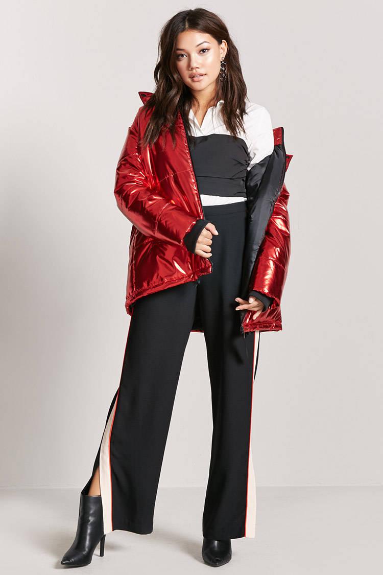 red metallic puffer jacket