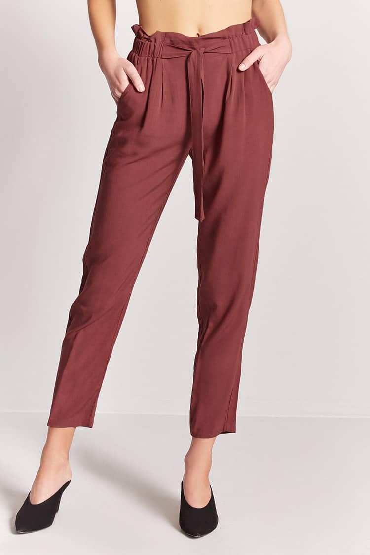 Tie-front Paperbag Waist Pants in Rust 