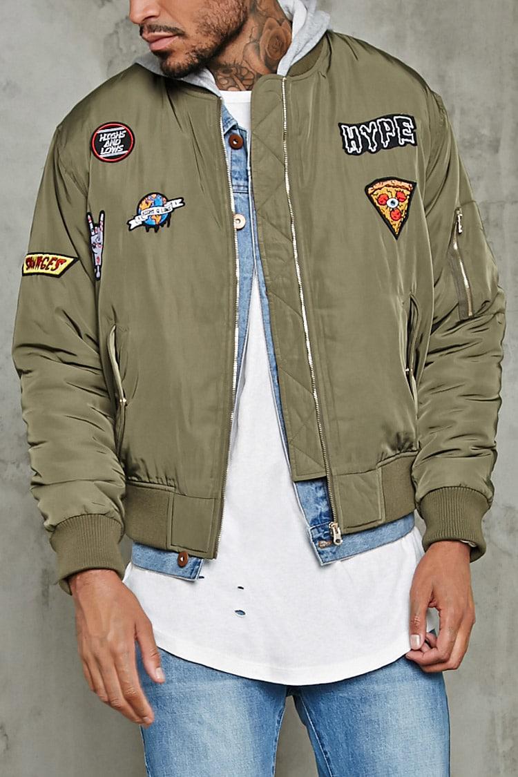 Forever 21 Synthetic Hype Patch Bomber Jacket In Olive Black