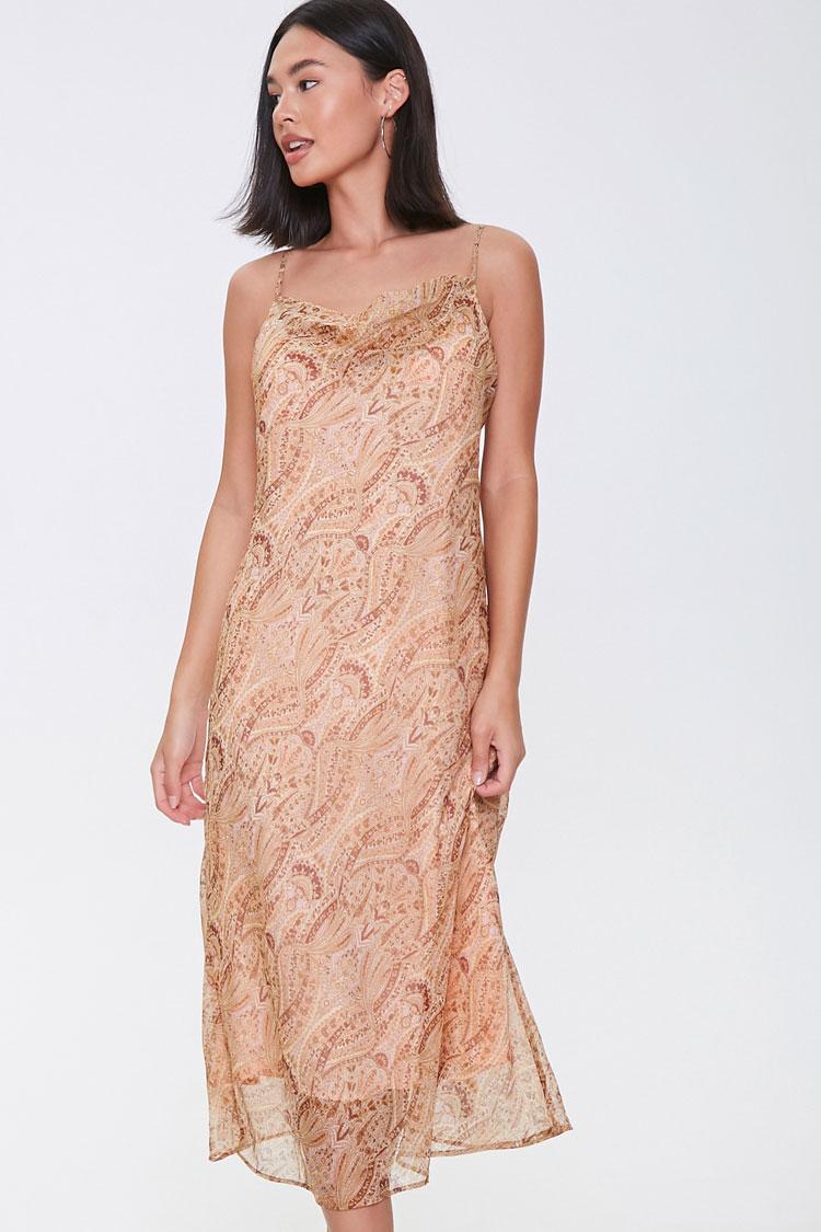 Chiffon Ornate Print Midi Dress in Pink 