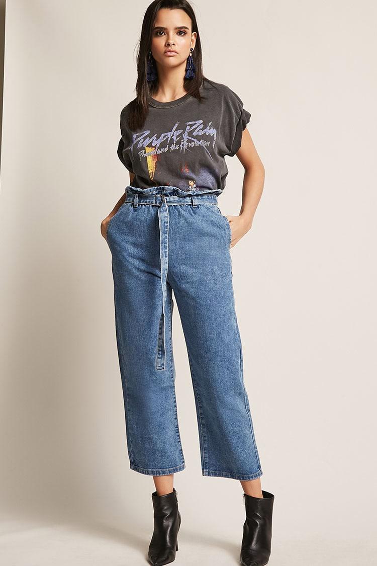 Forever 21 Denim Belted Paperbag-waist Jeans in Denim (Blue) | Lyst
