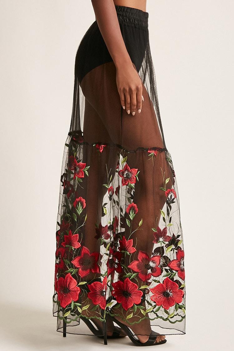Floral Embroidered Sheer Maxi Skirt 