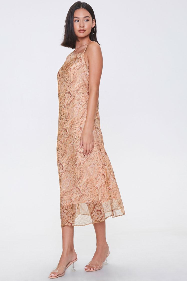 Chiffon Ornate Print Midi Dress in Pink 