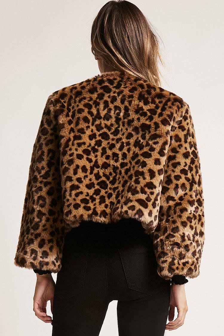 Forever 21 Leopard Print Faux Fur Cropped Jacket in Black/Tan (Brown) | Lyst