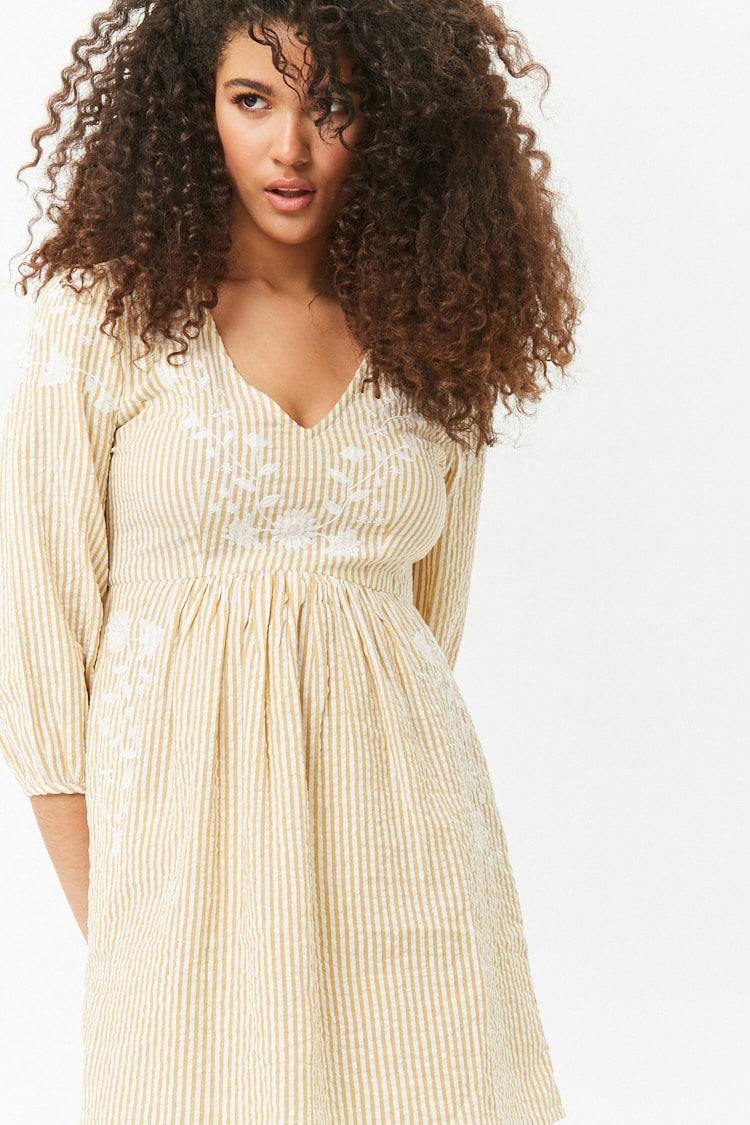Forever 21 Cotton Women's Floral Embroidered Striped ...