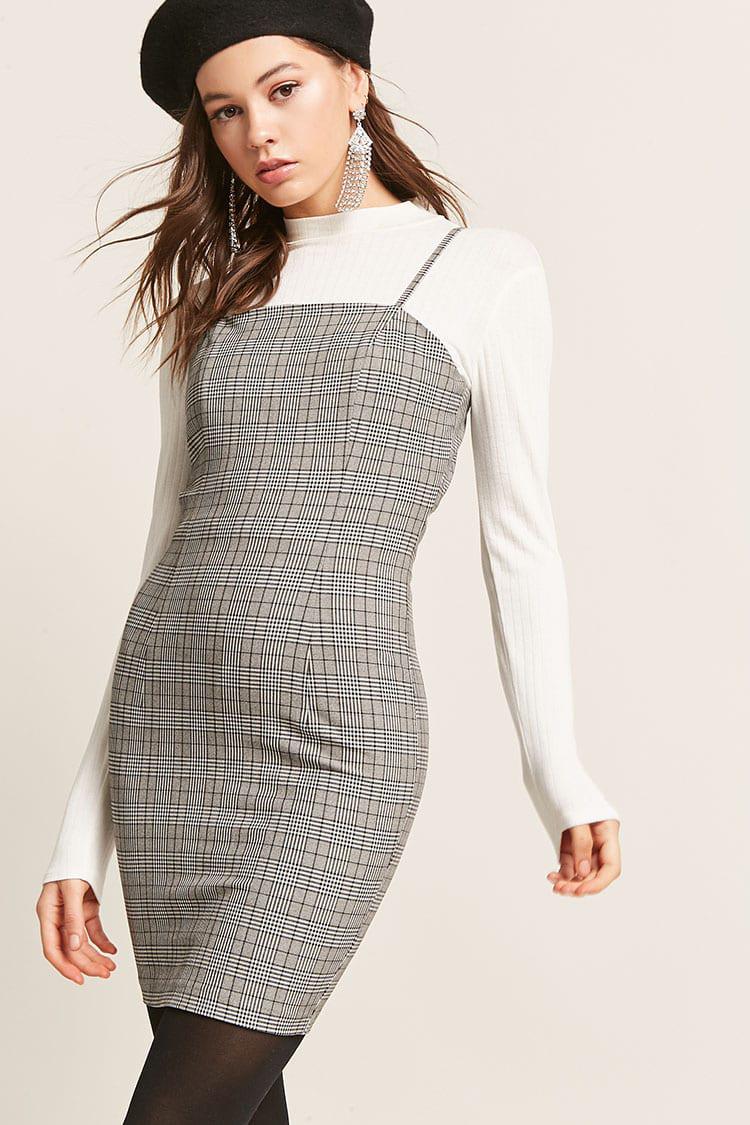 grey plaid overall dress