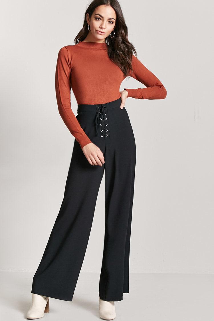 Forever 21 Synthetic Lace-up Wide Leg Pants in Black | Lyst